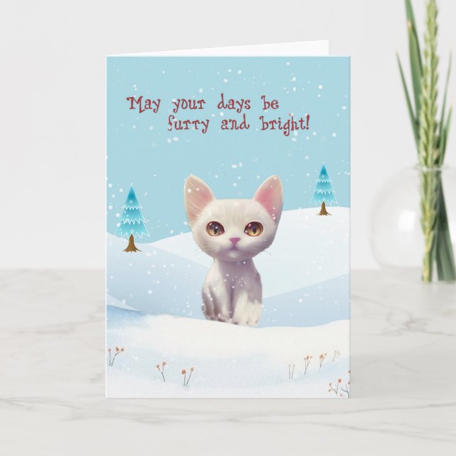 Cute White Cat in Snow Christmas Card (Front)