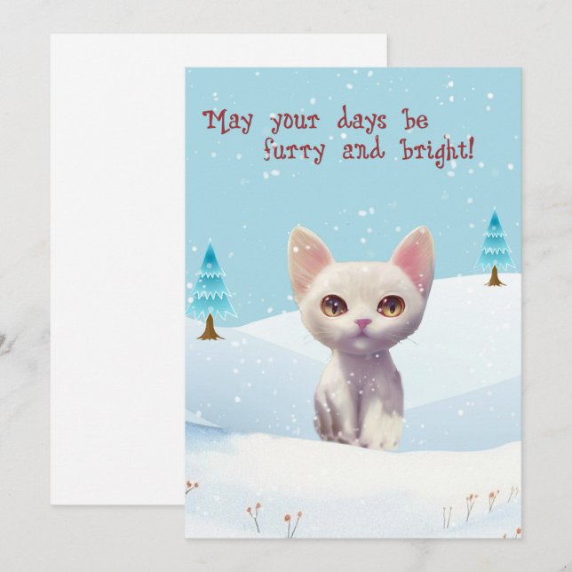 Cute White Cat in Snow Christmas Flat  Holiday Card (Front/Back)