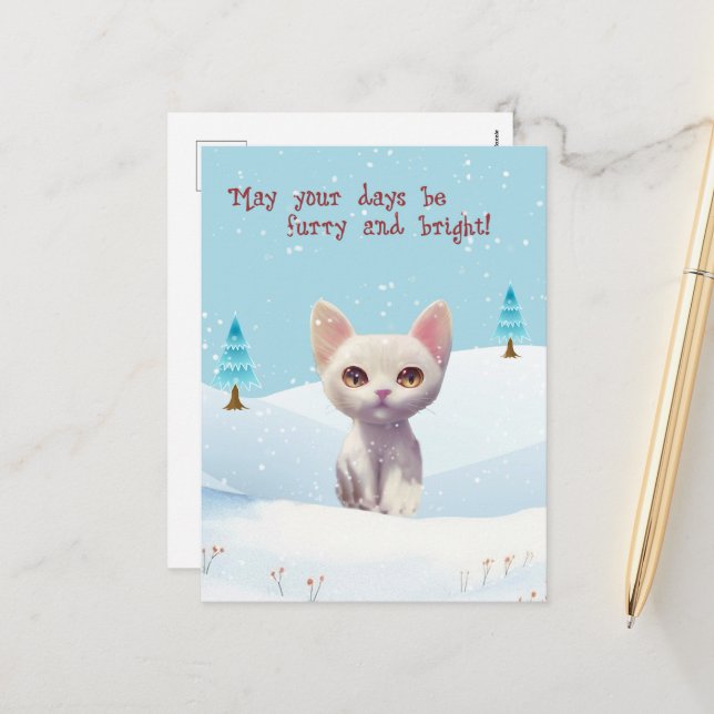 Cute White Cat in Snow Christmas Postcard (Front/Back In Situ)