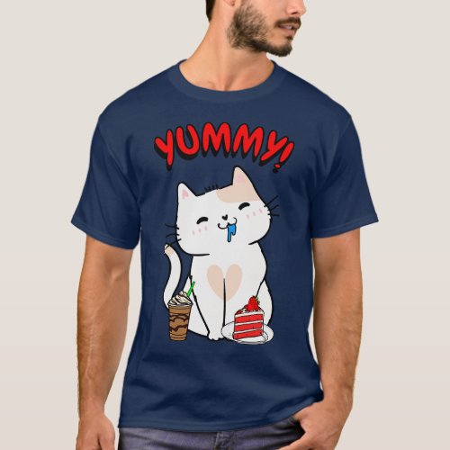 Cute white cat is having coffee and cake 1 T_Shirt