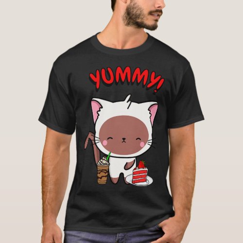 Cute white cat is having coffee and cake 2 T_Shirt