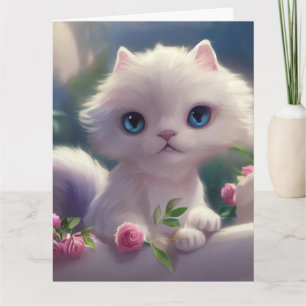 CUTE WHITE CAT KITTEN ART BIG BIRTHDAY Card