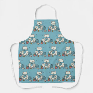 Cute White Cat Knitting Blue Yarn Pattern Art Apron
