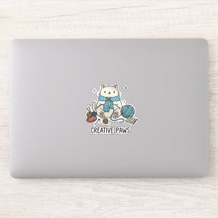 Cute White Cat Knitting Scarf Blue Yarn Graphic  Sticker