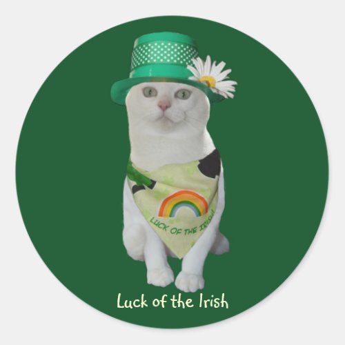 Cute White Cat Luck of the Irish Stickers