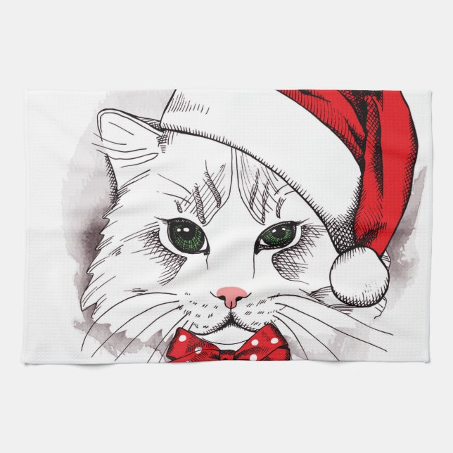 Cute White Cat Merry Christmas Kitchen Towel (Horizontal)