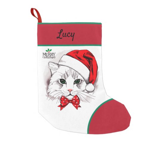 Cute White Cat Merry Christmas Small Christmas Stocking