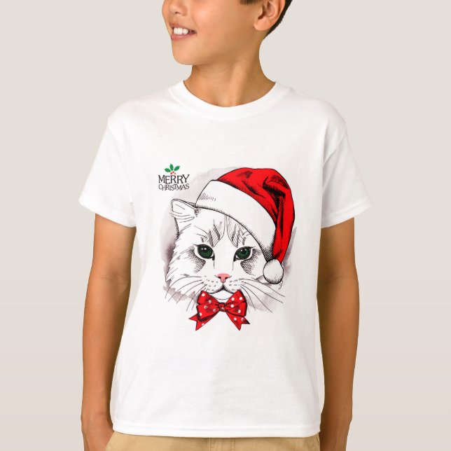 Cute White Cat Merry Christmas T-Shirt (Front)