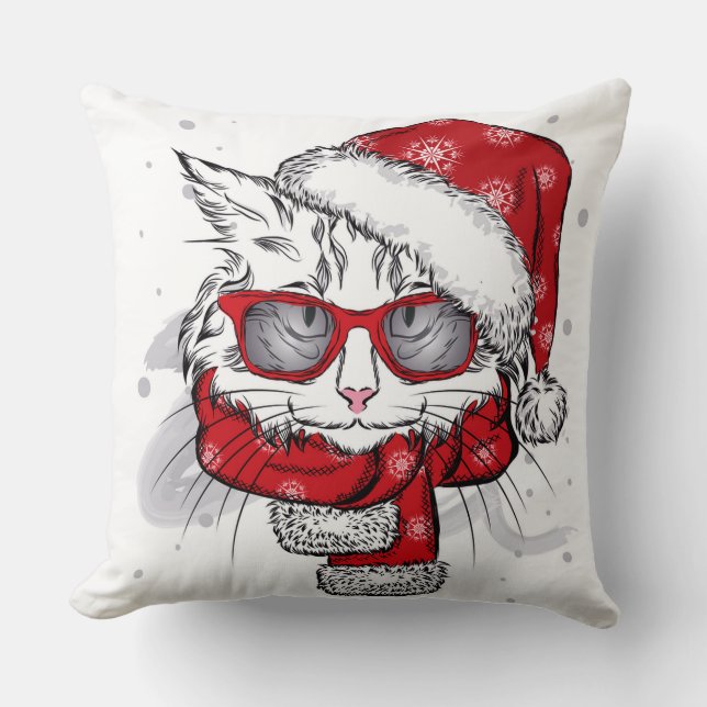 Cute White Cat Merry Christmas Throw Pillow (Front)