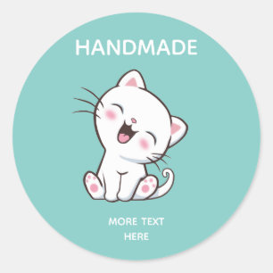 Cute White Cat on Light Teal Handmade Classic Round Sticker