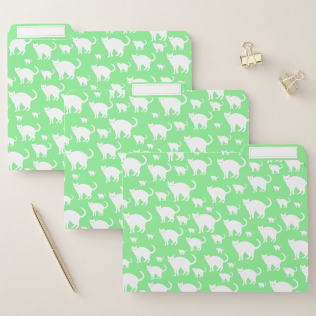 Cute White Cat Pattern, Green Background File Folder (Set)