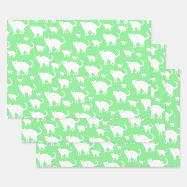 Cute White Cat Pattern, Green Background Wrapping Paper Sheets (Set)