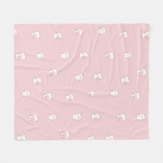 Cute White Cat Pattern – Kawaii Hearts & Flowers  Fleece Blanket (Front (Horizontal))