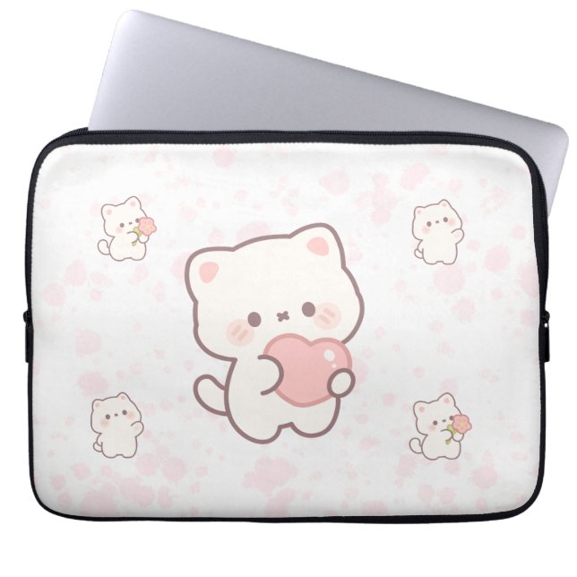 Cute White Cat Pattern – Kawaii Hearts & Flowers  Laptop Sleeve (Front)