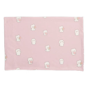 Cute White Cat Pattern – Kawaii Hearts & Flowers Pillow Case