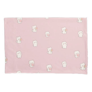 Cute White Cat Pattern – Kawaii Hearts & Flowers  Pillow Case