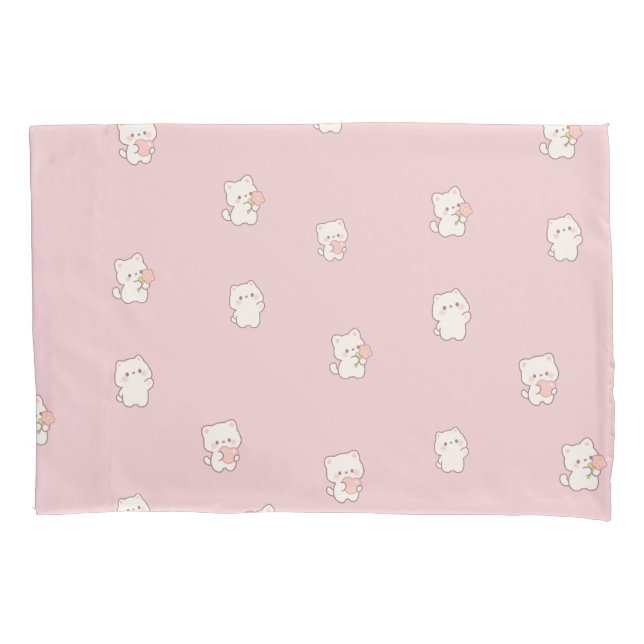 Cute White Cat Pattern – Kawaii Hearts & Flowers  Pillow Case (Front)