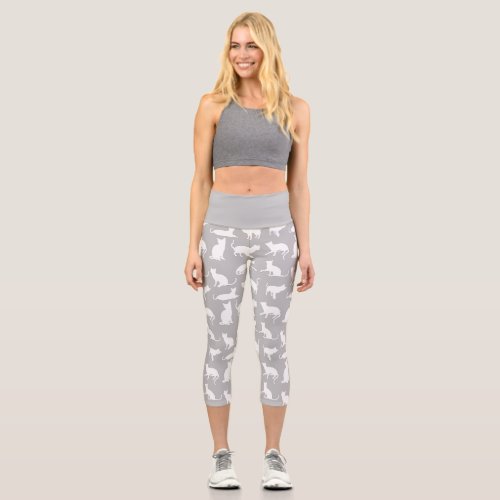 Cute White Cat Pattern Light Grey  Capri Leggings