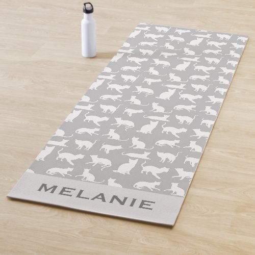 Cute White Cat Pattern Light Grey Personalised Yoga Mat