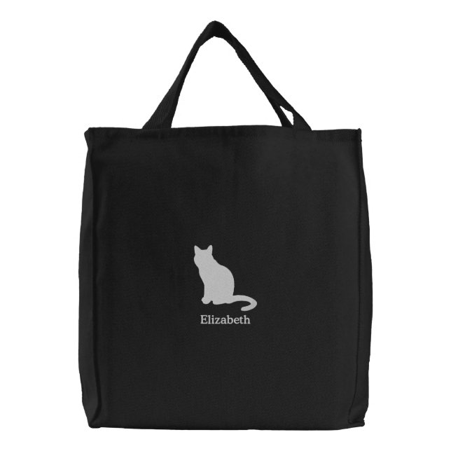 Cute White Cat Personalized Embroidered Tote Bag (Front)