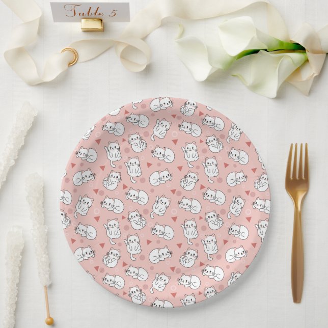 Cute White Cat Pink Background Themed Paper Plates (Wedding)