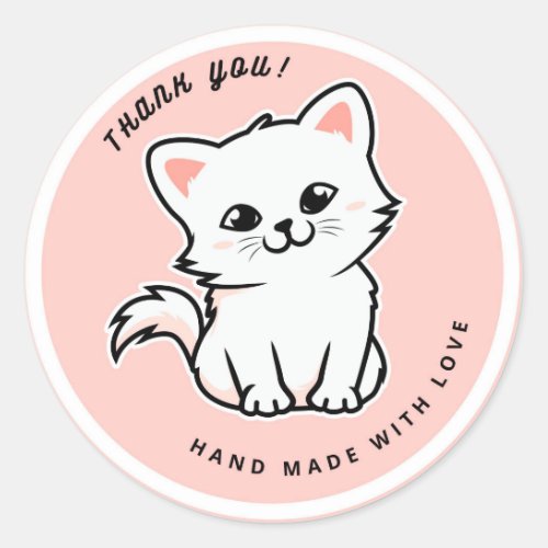 Cute White Cat Pink Handmade With Love Thank You Classic Round Sticker