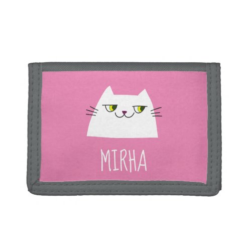 Cute White Cat Pink Monogrammed Trifold Wallet