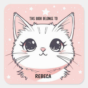 Cute White Cat Pink Stars Square Sticker