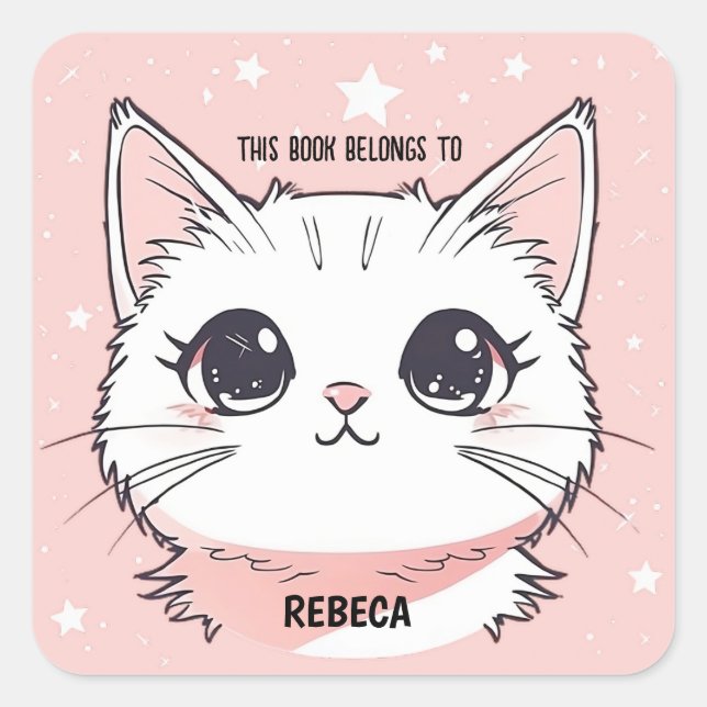 Cute White Cat Pink Stars Square Sticker (Front)
