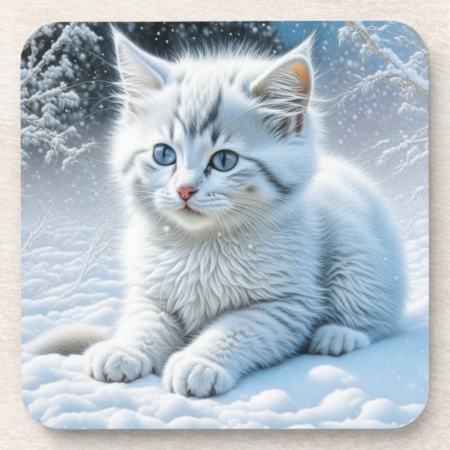 Cute White Cat Playing in the Snow Beverage Coaster (Front)