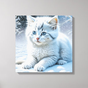 Cute White Cat Playing in the Snow Canvas Print