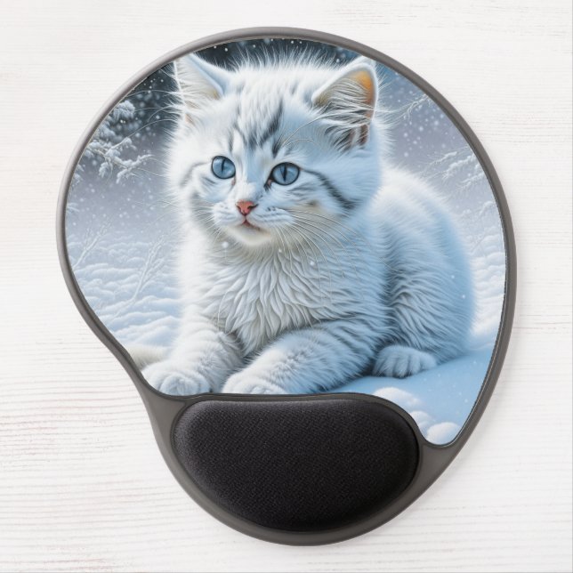Cute White Cat Playing in the Snow Gel Mouse Pad (Front)