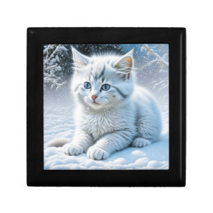 Cute White Cat Playing in the Snow Gift Box