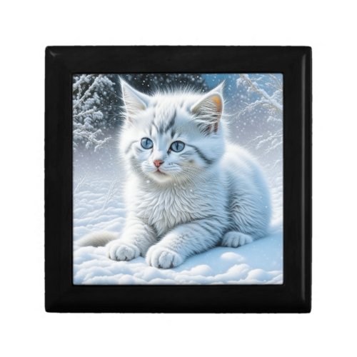 Cute White Cat Playing in the Snow Gift Box