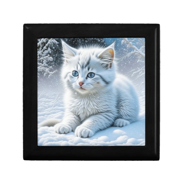 Cute White Cat Playing in the Snow Gift Box (Front)