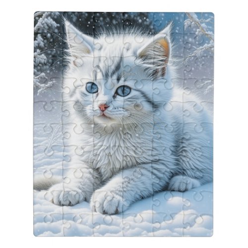 Cute White Cat Playing in the Snow   Jigsaw Puzzle