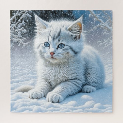Cute White Cat Playing in the Snow   Jigsaw Puzzle