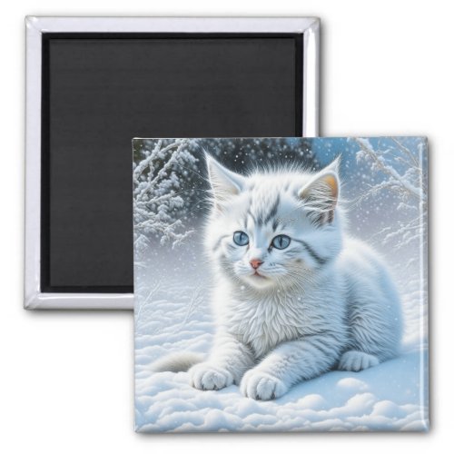 Cute White Cat Playing in the Snow Magnet