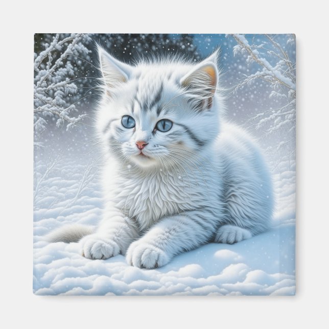 Cute White Cat Playing in the Snow Magnet (Front)
