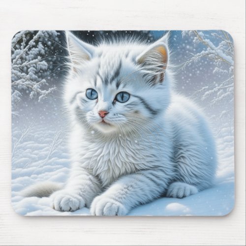 Cute White Cat Playing in the Snow Mouse Pad