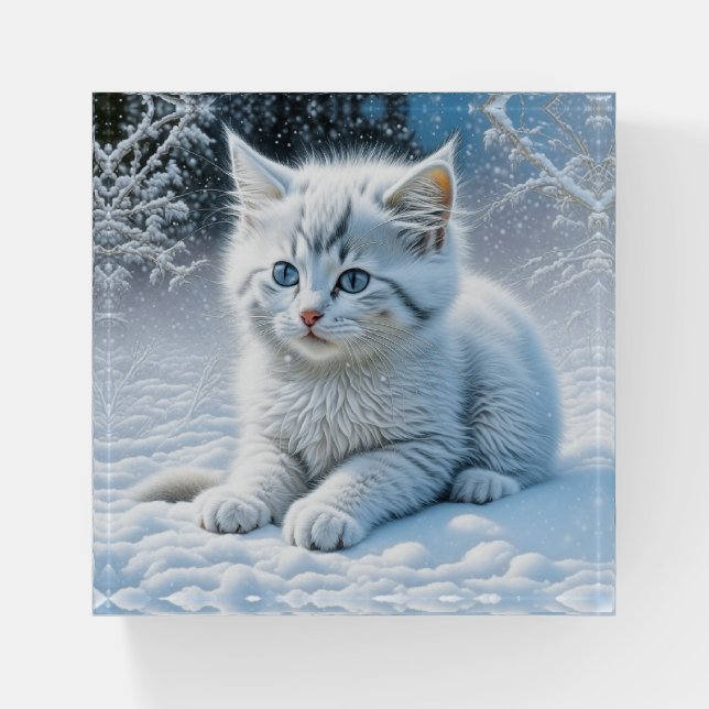 Cute White Cat Playing in the Snow  Paperweight (Front)