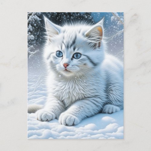 Cute White Cat Playing in the Snow   Postcard