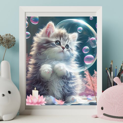 Cute White Cat playing with Bubbles Art Nursery  Poster