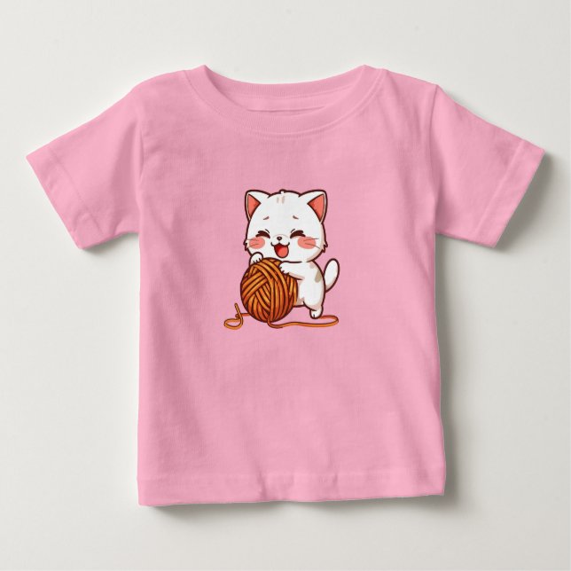 “Cute White Cat Playing with Woolen Ball Kawaii  Baby T-Shirt (Front)