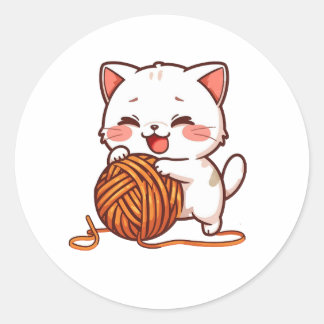 Cute White Cat Playing with Woolen Ball sticker