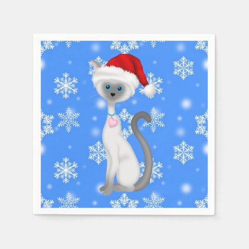 Cute White Cat Santa Hat and Snowflakes Christmas Napkins