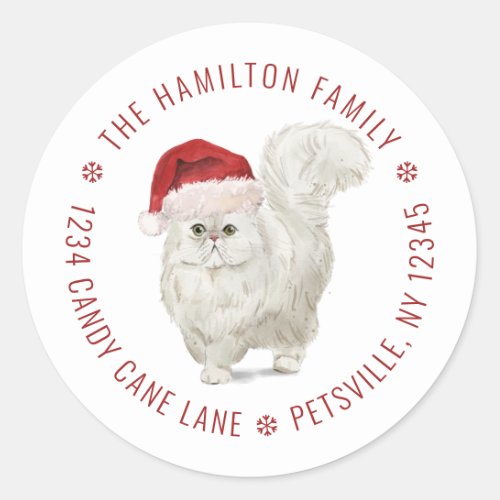 Cute White Cat Santa Hat Christmas Return Address Classic Round Sticker