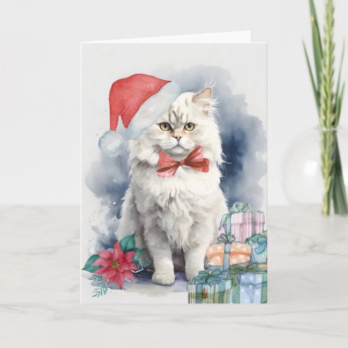 Cute White Cat Santa Hat Gifts Blank Christmas  Card