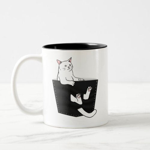 Cute White Cat Sits in Pocket Two_Tone Coffee Mug
