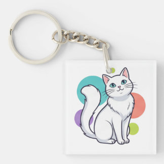 Cute White Cat Sitting Graphic Tee Keychain